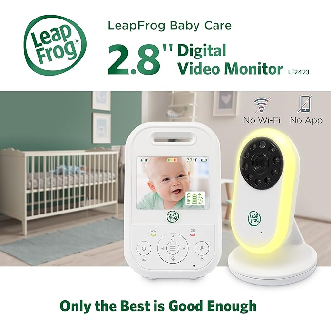 LeapFrog LF2423 Baby Monitor, 2.8” Screen Video Monitor with Camera, 2-Way Audio, 1000ft Range, Night Vision, Soothing Lullabies, Temperature Sensor, Secure Transmission No WiFi