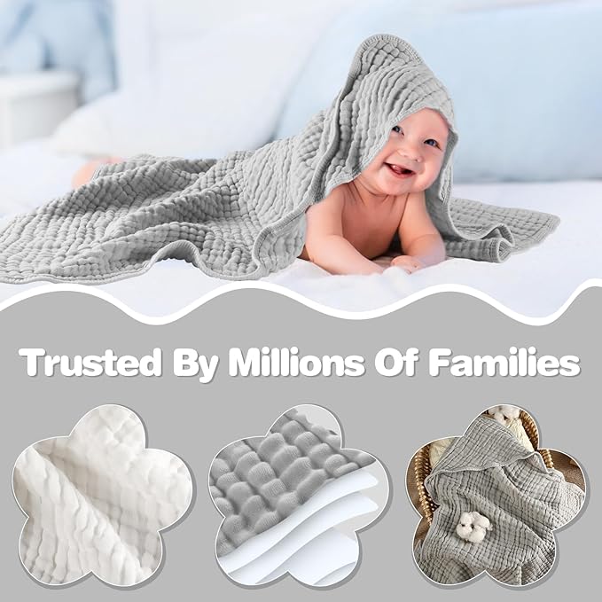 MUKIN Baby Hooded Towels, Muslin Cotton, 2-Pack, for Newborn, Infant, Toddler and Kids (White,Grey)