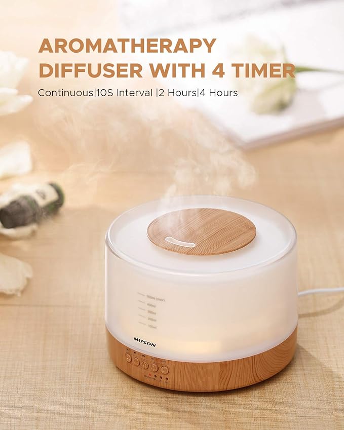 muson Essential Oil Diffuser Sound Machine Combo Diffuser for Aromatherapy Fragrant Oil Cool Mist Humidifier with Natural Sound Music & Warm Night Light, Auto Shutoff, White