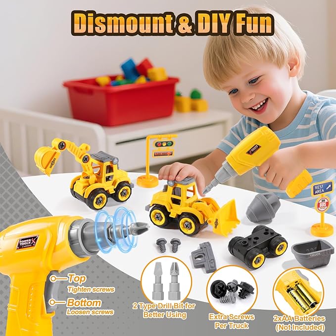 LUDILO Toddler Kids Toys Boys 3-5: Mini DIY Assembly Stem Learning Educational Building Toy Cars with Electric Drill Sandbox Beach Construction Toy Trucks, 2 3 4 5 Year Old Boy Toys Birthday Gift Xmas