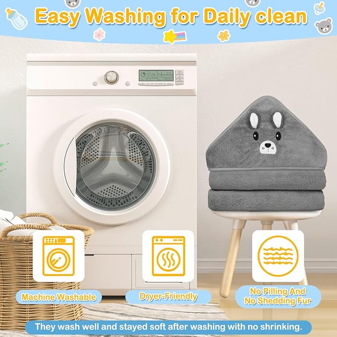 4 PCS Hooded Baby Towels, Soft Baby Towel, Absorbent Baby Bath Towel, Baby Towels and 3 PCS Baby Washcloths for Newborns, Toddlers, and Kids, 32x32 in Baby Towel with Hood for Boy and Girl (Gray Bear)