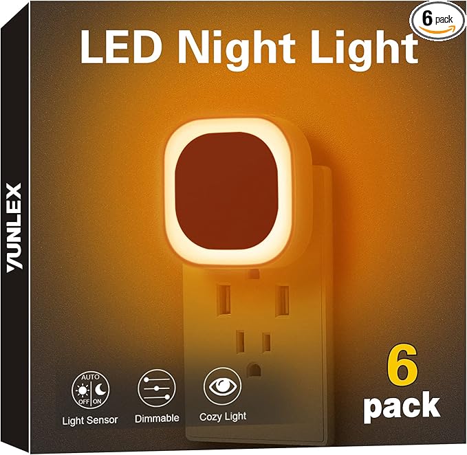 6 Pack Plug in Amber Night Light, Auto Dusk to Dawn, Soft Glow, Dimmable, Diffused Light, LED Lights for Bedroom, Kids, Bathroom, Sleep, Baby Nursery, Toddler, Hallway, Kitchen, Home Decor