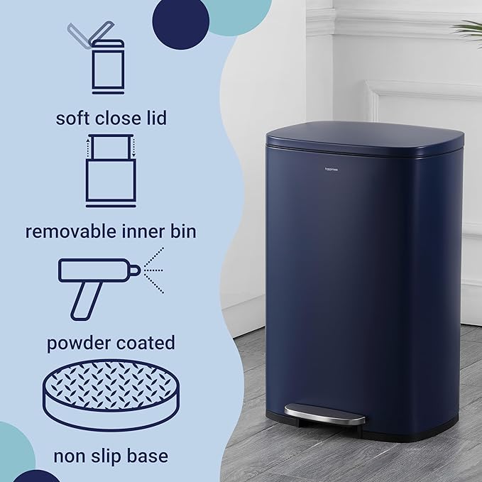 happimess HPM1006J Connor Rectangular 13-Gallon Trash Can with Soft-Close Lid and Free Mini Trash Can, Fingerprint Resistant, Modern, Minimalistic for Home, Kitchen, Office, Bathroom, Denim Blue
