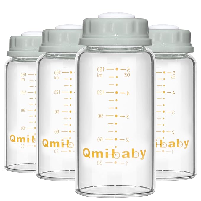 Natural Glass Baby Bottle 150ml 5oz Standard Neck Breast Milk Storage Bottles Compatible with Medela Breast Pumps for Breastmilk Storage Bottle Breastfeeding BPA-Free 4 Pack (Grey Lids)