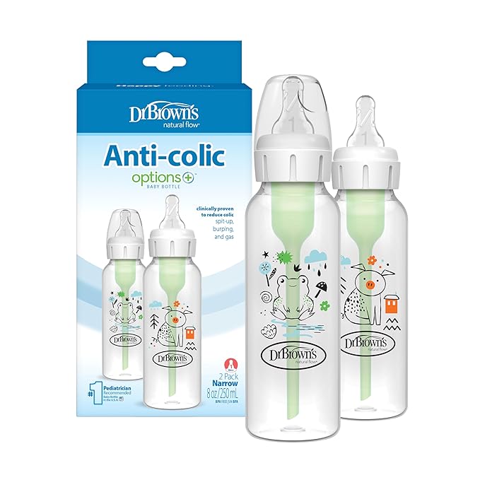 Dr. Brown's Natural Flow Anti-Colic Options+ Narrow Baby Bottle, Pig & Frog, 8 oz/250 mL, with Level 1 Slow Flow Nipple, BPA Free, 0m+, 2-Pack