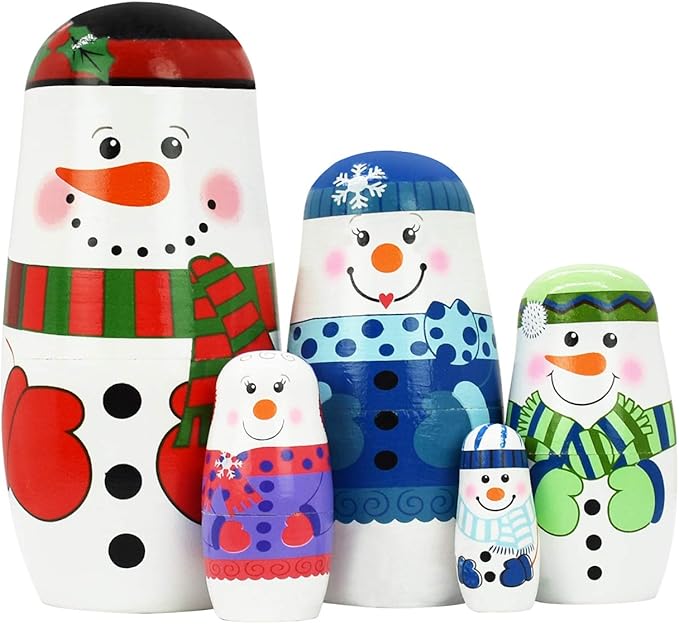 5 Piece Nesting Dolls Wooden Russian Matryoshka Doll Cute Handmade Santa Snowman Stacking Doll Kids Toy for Christmas and Birthday