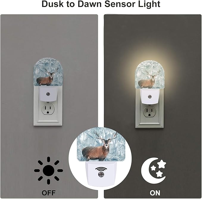 Red Deer in Winter Forest Night Light Plug into Wall, Beautiful Christmas Scenery Dusk to Dawn Night Light Plug in,0.5w Energy Saving Sleep Friendly NightLight for Kids Boys Girls Home Decor