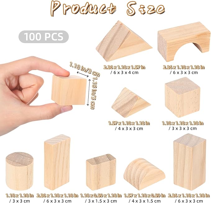 100 Pcs Kids Natural Colored Wood Building Block Toys Wooden Blocks Building Blocks for Toddlers Preschool Learning Toys Stacking Block Birthday Gifts for Toddlers