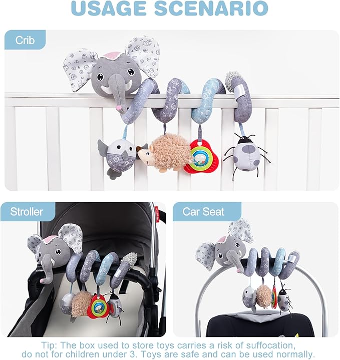 Jollybaby Crib Stroller Car Seat Toys for Baby 0-3-6-9-12 Months, Tummy Time Hanging Sensory Toys for Newborn with Music Box and Teether, Spiral Carseat Toy for Boys Girls Gifts (09-Sz Gray Elephant)