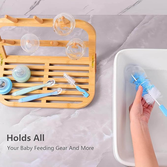 Baby Bottle Countertop Drying Rack Bamboo,Space Saving Kitchen Drying Rack & Bottle Holder for Nipples, Cups, Pump Parts, Accessories, Reusable Ziplock and Freezer Bag Dryer Rack