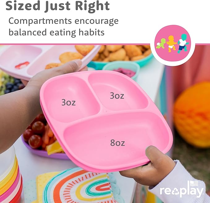 Re-Play Toddler Plates with Dividers - Deep-Walled 3 Compartments Divided Plates for Kids with 3 Lids - Dishwasher & Microwave Safe - Made in USA - Set of 3-7.37" x 7.37" x 1.25" - Easter