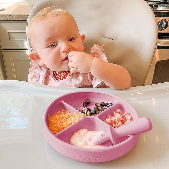 TalkTools Itsy Plate Must-Have Silicone Baby Plates with Suction | Non-Toxic Toddler Feeding Plate | Divided Portion | BPA-Free, Easy-Clean, Travel-Friendly Baby Dishware - Made in USA (Bubblegum)