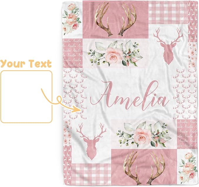 Baby Girl Blanket with Name – Personalized Pink Baby Blanket for Infant Toddler Girls, Floral Woodland Deer Flannel Receiving Swaddle, Custom Newborn Gifts for Birthday New Parents(30"x40")