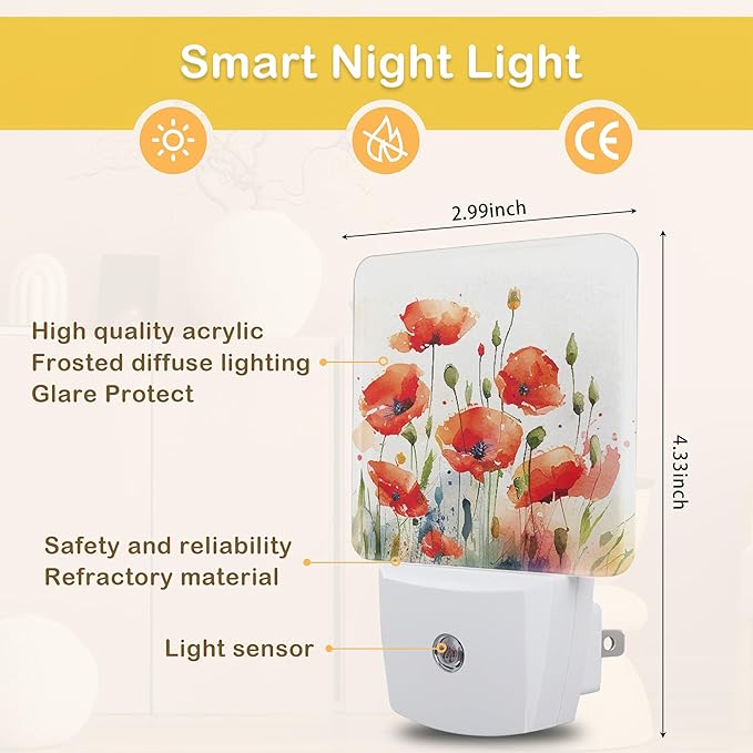 Red Poppy Flowers Night Light, Red Flowers Night Lights Plug Into Wall with Dusk to Dawn Sensor Wall Lamp, Nightlights for Bedroom, Bathroom, Hallway, Kitchen, Gifts Ideal for Girls Women