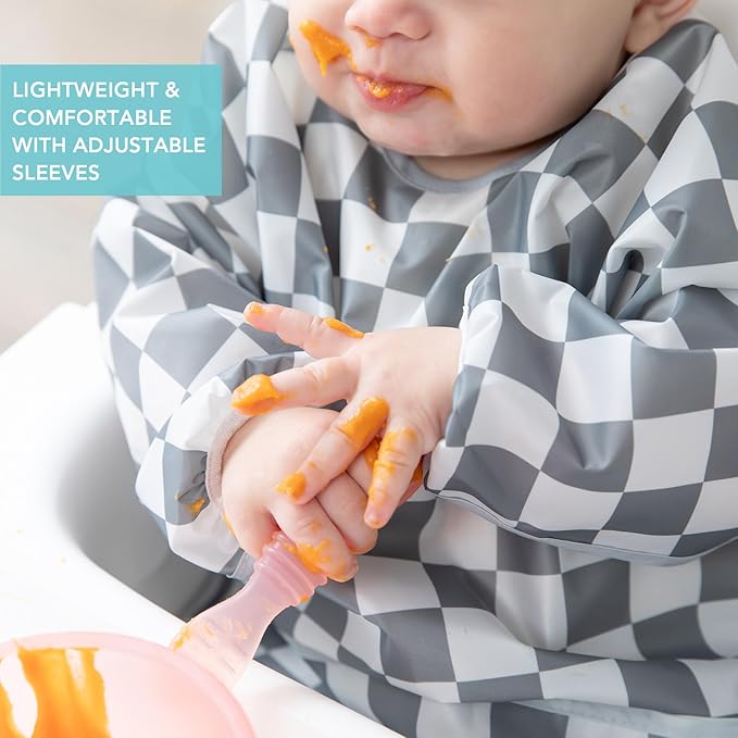Bumkins - Sleeved Bib -For Boys & Girls, Babies & Toddlers 6-24 Months - Lightweight, Durable, Waterproof - Long Sleeve Bib - Catch-All Pocket - Wipeable & Machine Washable -Beige & Gray Check -2 Pack