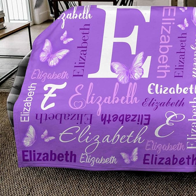 Personalized Toddler Blanket with Name for Girls Boys, Custom Baby Name Blanket Purple Butterfly Pattern, Soft Nursery Blanket for Baby Shower, Easter, Christmas, Birthday Newborn & Toddler Gifts