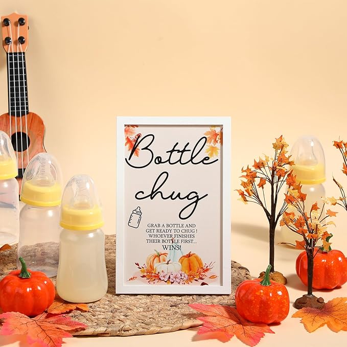 Roowest Bottle Chug Baby Shower Game - Fall Pumpkin Theme, Wooden Sign and 18 Yellow Baby Bottles for Gender Reveal Party Supplies