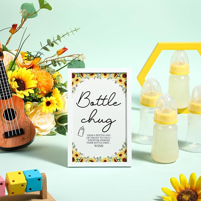 Roowest Bottle Chug Baby Shower Game Favors Including Sunflower Theme Wooden Sign and 18 Pcs Baby Bottles for Gender Reveal Party Supplies