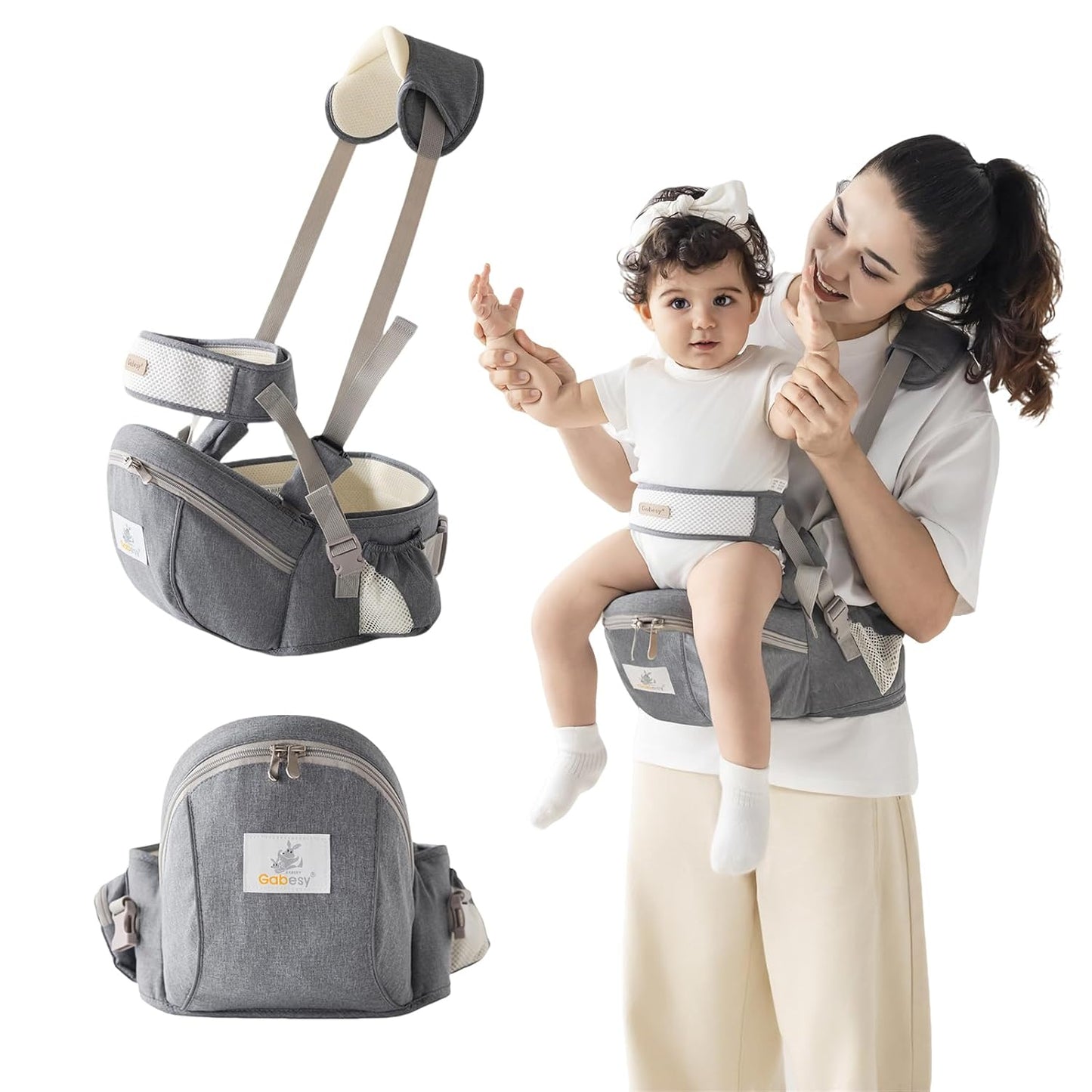 Baby Carrier with Hip Seat Adjustable Strap Huge Storage 4-in-1Toddler Carrier Enhanced Lumbar Support Ergonomic Baby Hip Carrier for Newborns & Toddlers Gray
