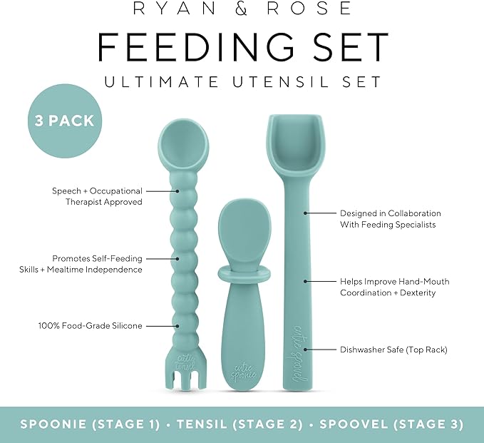 Ryan & Rose Ultimate Baby Utensil Set of 3 Silicone Baby Spoons Silicone feeding set for baby led weaning, self feeding 6 months, toddler utensils (Seaglass)