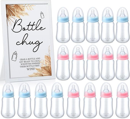 Roowest Bottle Chug Baby Shower Game Favors Including Boho Theme Wooden Sign and 18 Pcs Baby Bottles for Gender Reveal Party Supplies