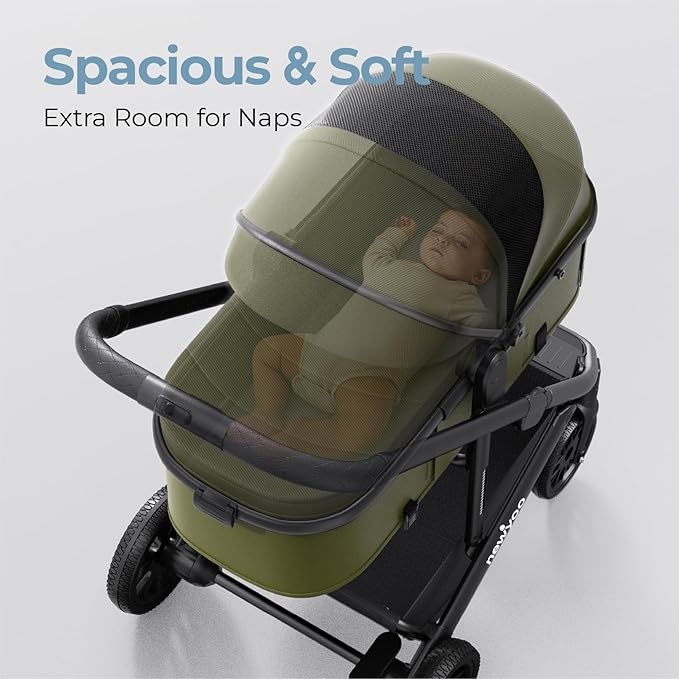 newyoo Bassinet Stroller for Newborn, Nestro 516M, Baby/Infant Strollers w Convertible/Reversible Seat & Cup Holder, Coches para Bebes, 2-in-1 Rear-Facing Pram, One-Hand Quick Fold, Green