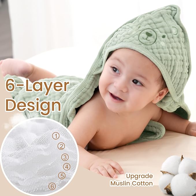 david's kids 2 Pack Hooded Baby Towels, Large 32"x32", 6 Layer 100% Muslin Cotton Highly Absorbent Boy Girl Bath Towel for Newborn, Infant, Toddler, Ultra Soft and Breathable Baby Essentials, Animals