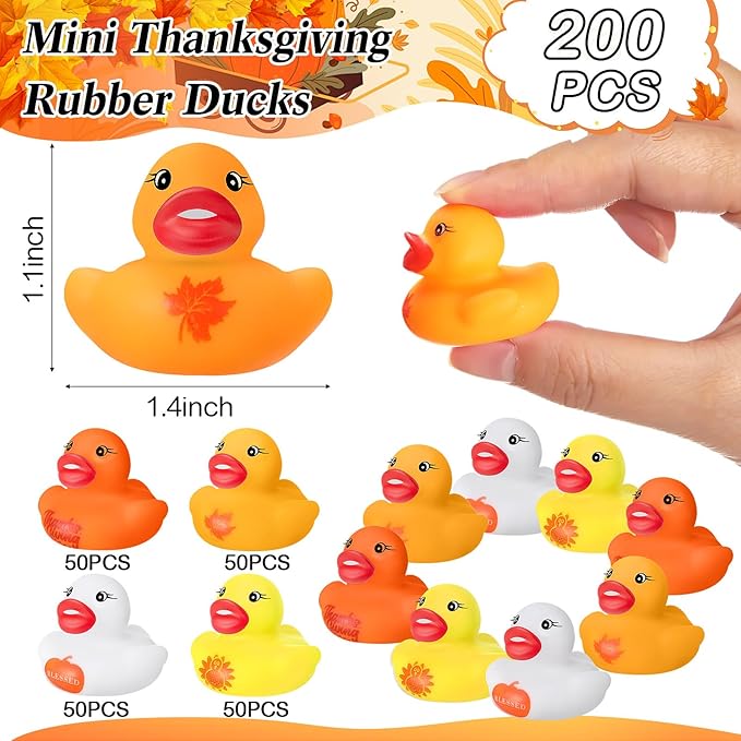 200 Pcs Thanksgiving Day Rubber Ducks Assorted Rubber Duckies Bulk Mini Pool Bath Toy Ducks Small Tiny Ducky for Thanksgiving Day Party Favors Classroom Exchange Gifts