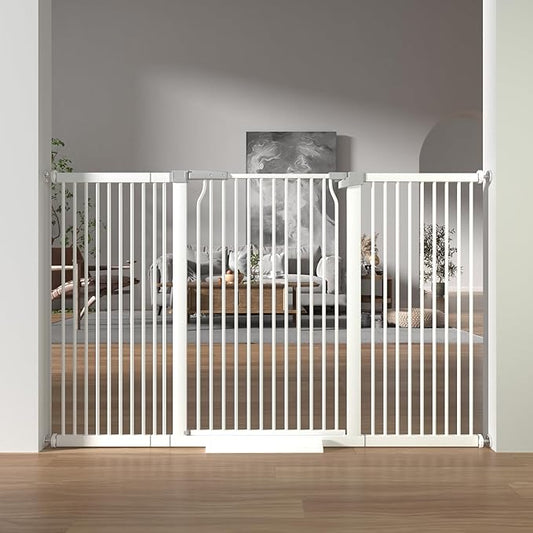 41-Inch Extra Tall Baby Gate for Doorway, 60.3-65.7 Inch Metal Pet Safe Gate with Expansion Kit, No Drilling Cat Fence Indoor, White