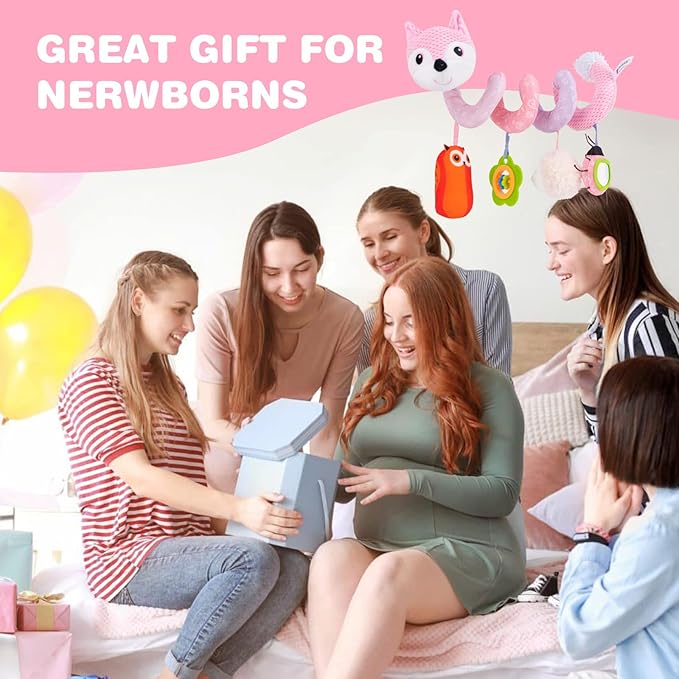 Jollybaby Crib Stroller Car Seat Toys for Baby 0-3-6-9-12 Months, Tummy Time Hanging Sensory Toys for Newborn with Music Box and Teether, Spiral Carseat Toy for Infant Boys Girls Gifts (05-Pink Fox)