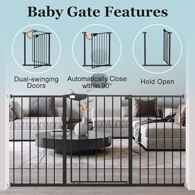 WAOWAO Triple Lock Baby Gate Extra Wide 53.93-57.87" Pressure Mounted Walk Through Swing Auto Close Safety Black Metal Dog Pet Puppy Cat for Stairs,Doorways,Kitchen