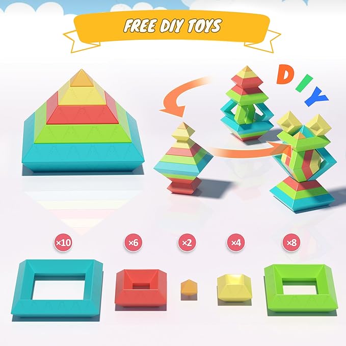 40Pcs Montessori Toys for Ages 3 4 5 6 Toddlers Kids Baby,Pyramid Stacking Building Toys,3D Preschool Learning Blocks for Kids,STEM Sensory Toy Gifts for 3-5 Year Old Boy Girl,Plastic Storage Bag Set