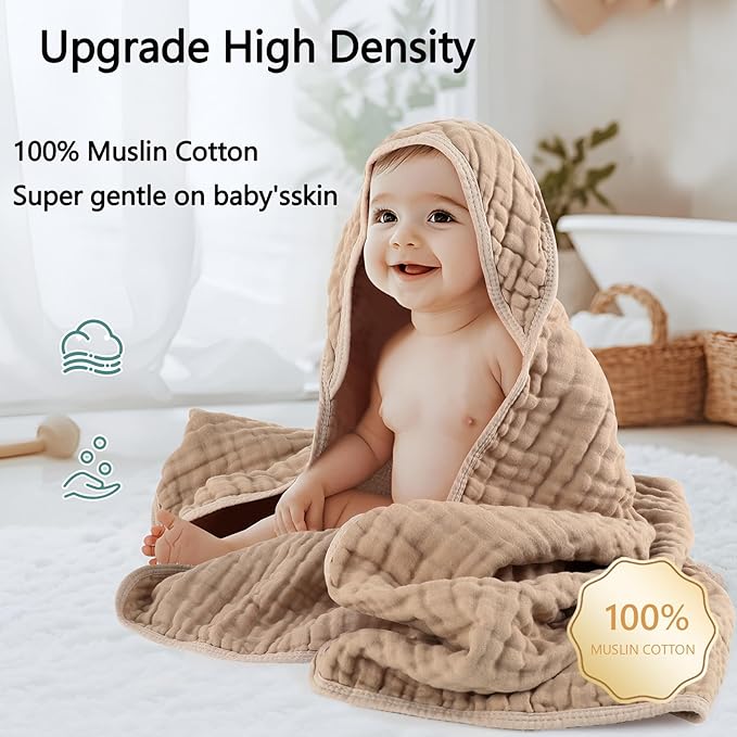 Hooded Baby Bath Towels, 2 Pack Baby Towels with Hood for Newborn, Upgrade High Density 100% Muslin Cotton Baby Towel, Ultra Soft, Highly Absorbent, for Infants, Toddlers, Newborn Essential, 32” x 32”