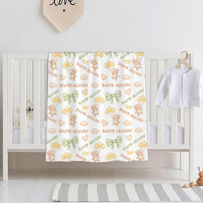 Ship Next Day Personalized Baby Blanket, Printed in USA - Custom Name Toddler Blanket with Plush Bear Pattern, Personalized