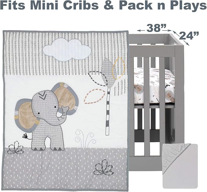 Lambs & Ivy Jungle Safari Elephant 3-Piece Mini Crib Bedding Set - Gray/White