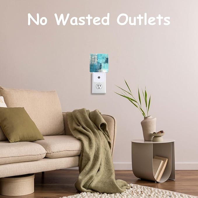 Blue Grey Abstract Modern Painting Night Light Plug into Wall with Dusk to Dawn Sensor Energy Efficient LED Nightlight for Women Girls Boys Room Decor,Hallway,Kitchen,Bathroom,Nursery,Stairs