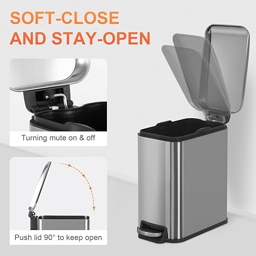 PayLessHere 1.3 Gallon Trash Can Kitchen Trash Can Stainless Steel Garbage Can with Removable Plastic Inner Bucket Lid Foot Pedal for Home Kitchen Bedroom Bathroom (2, Stainless Steel)