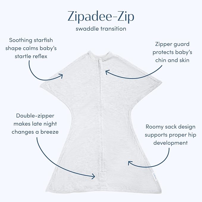 SleepingBaby Zipadee-Zip Transition Swaddle - Cozy Baby Swaddling Blanket with Zipper Convenience - Roomy Wearable Blanket for Easy Diaper Changes - 4-8 Month - Recharge Silver Heather