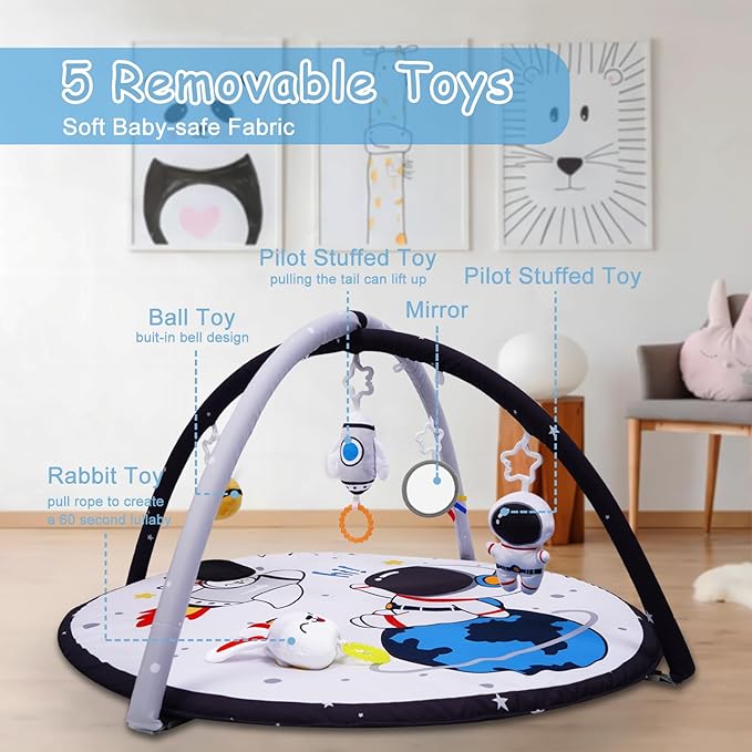 Lovvie & Joy Baby Play Activity Gym Tummy Time Mat for Newborn Infant,Baby Gyms & Playmats for Babies 0-6 9 12 Months with 5 Toys for Early Sensory Exploration and Motor Skill Development Space