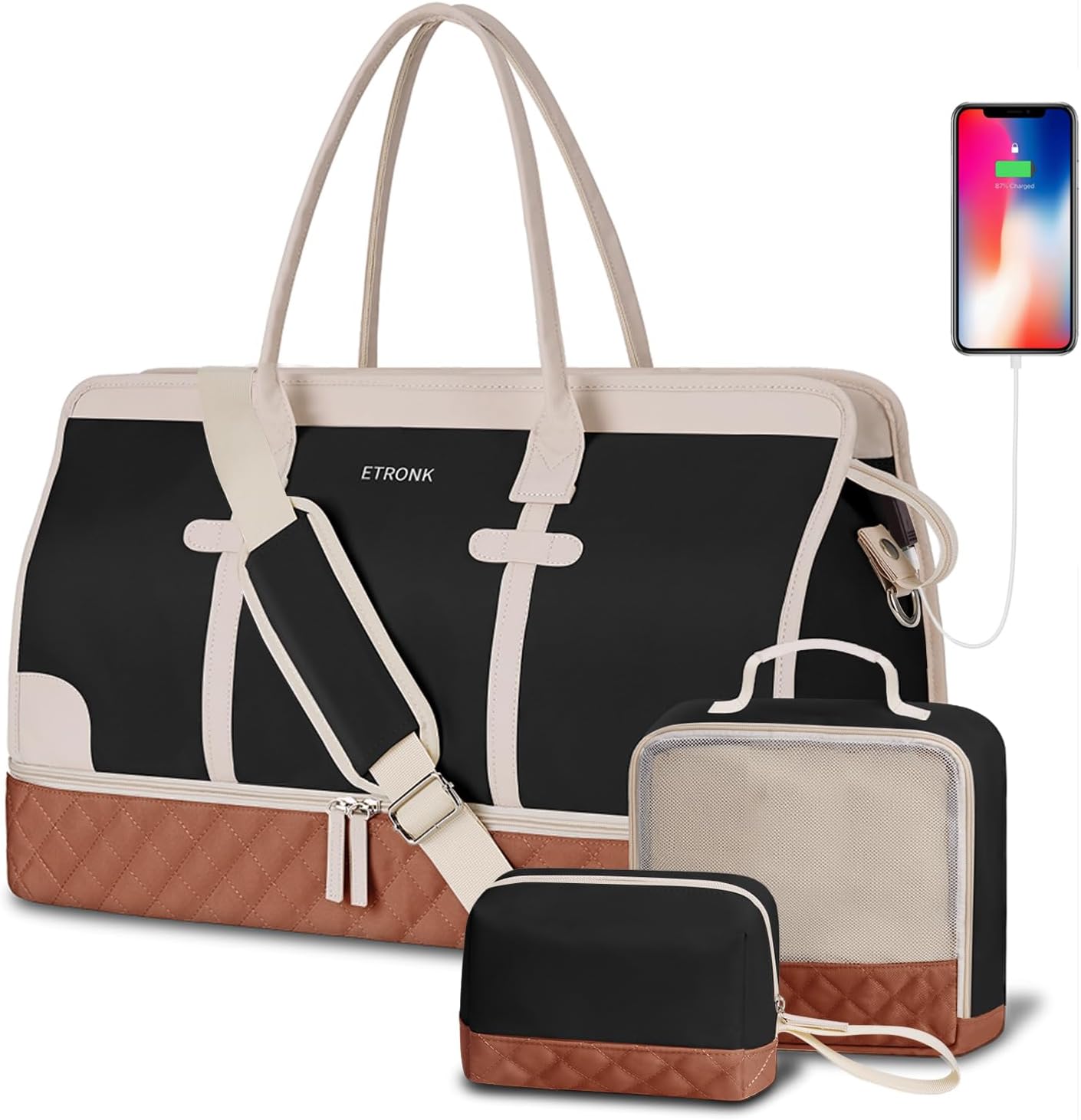 ETRONIK Weekender Overnight Bag for Women, Large Travel Duffle Bag with Shoe Compartment & Wet Pocket, Carry On Tote Bag Gym Duffel Bag with Toiletry Bag, 3 Pcs Set, Large Size, Beigeblack-Brown