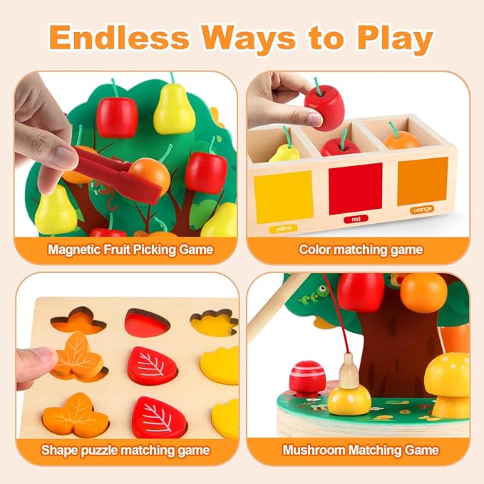 Montessori Toys for 3 4 5 6 Year Old - Wooden Sensory Toy for Toddlers - Shape Sorting Puzzle for Fine Motor Skills - Apple Picking Magnetic Tree Toy,Hand-Eye Coordination,Color Recognition