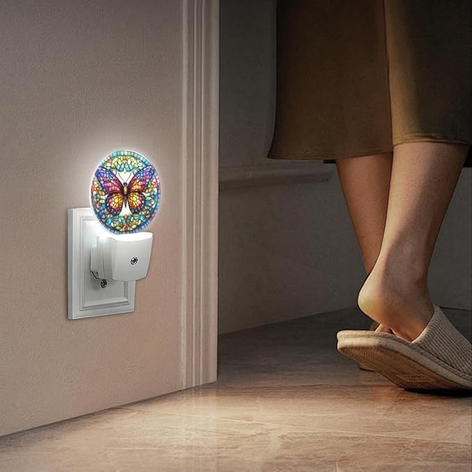 Round LED Night Lights Lamp with Dusk to Dawn Sensor, Stained Glass Art of Colorful Butterfly Mandala Night Light Plug Into Wall for Kids Room, Bedroom, Bathroom, Kitchen, Hallway