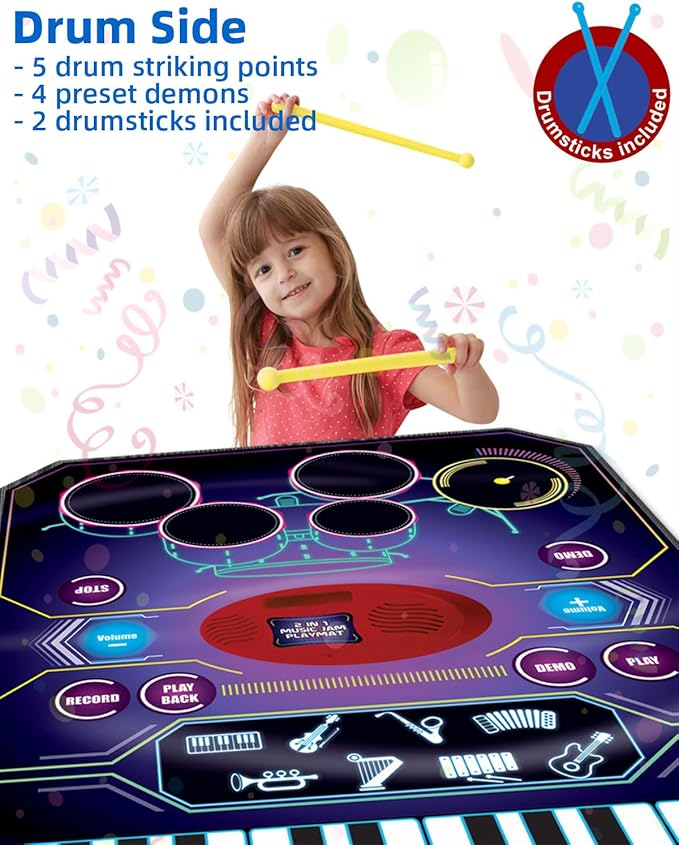 SUNLIN 2-in-1 Music Jam Mat, Music Learning Toy for Boys Girls 3-6, Drum Set + Piano Mat, Toddler Birthday Gift 3 4 5 6 Years, Record & Playback, Built-in Songs, 8 Instrument Sounds, Volume Control