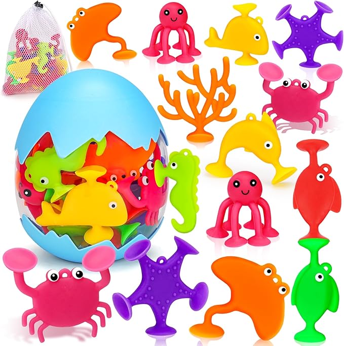 Toddler Suction Cup Bath Toys, Ocean Animal Bath Toys for Kids Ages 3-5 4-8 No Hole Mold Free Bathtub Toys for Toddlers 3-5 Kids Travel Window Building Toys for 3 4 5 Year Old Boys Girls Gifts
