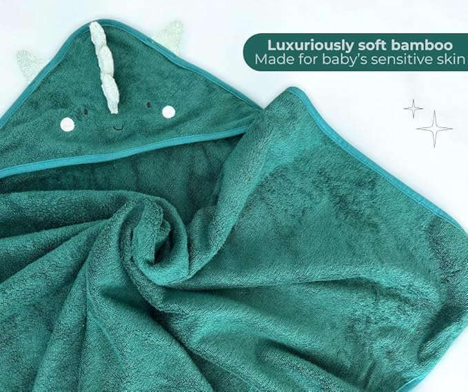 Hooded Baby Towel with Mitt - Ultra Soft Plush Bath Essential for Newborn, Infant & Toddler - Premium 30x30 Inch Large Absorbent Baby Bath Towels with Hood for Boys & Girls (Happy Dino)