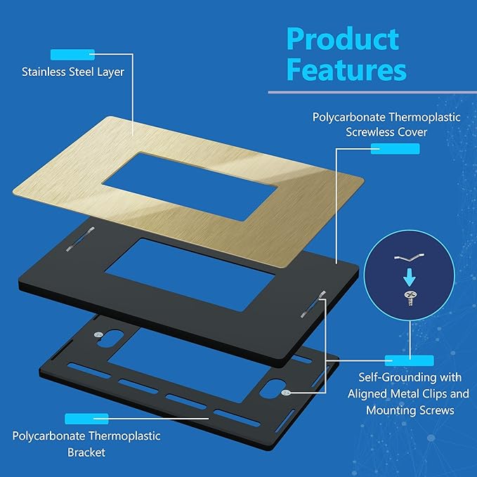 LIDER Screwless Metal-Surface Wall Plate, Decorator Switch Cover, Temperature and Impact Resistant, 201 Stainless Steel, Modern Decoration Upgrade, Mid-Size 1-Gang 4.88" x 3.11", Brushed Brass