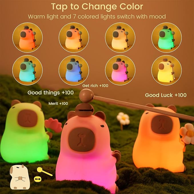 Capybara Night Light, Nursery Lamp, 7-Color RGB & 3-Level Warm Dimmable Warm, Tap Control, 30Min Timer, 100% Safe &Soft Silicone, Adorable, Soothing Ambiance, Gift for Kids, Detachable Flower