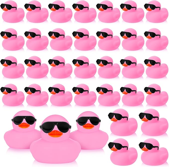 Sosation 36 Packs Mini Rubber Ducks with Sunglasses Sets 2.2 Inch Bath Squeaky Rubber Duckies Cute Float Bathtub Toys for Christmas Birthday Party Favors Class Prizes Car Decor(Pink)