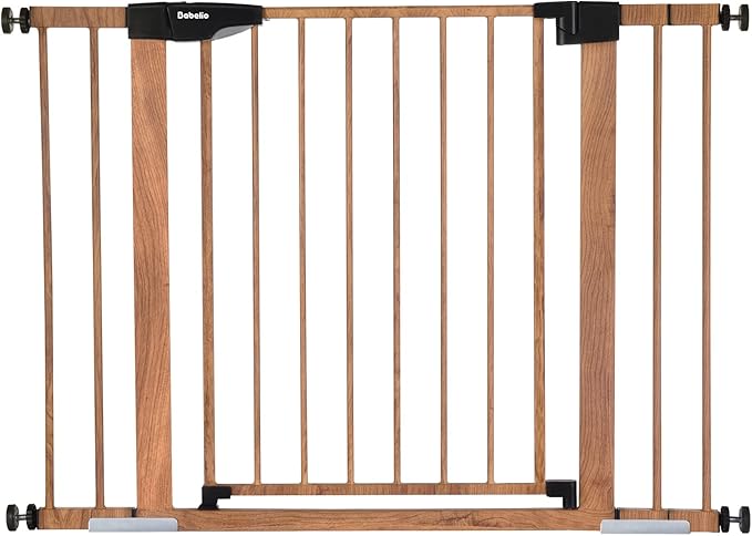 Mom's Choice Award Winner-BABELIO 26-40" Metal Baby Gate with Wood Pattern, PressGuard C5 Easy Install Pressure Mounted Dog Gate for Stairs and Doorways, with Wall Protectors and Extension Kits