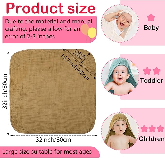 Peryiter 6 Pcs Muslin Hooded Baby Towels, 32"x 32" Cotton Newborn Bath Towel Muslin Infant Baby Blankets Absorbent Unisex Newborn Registry Gift Essentials for Girls Boys (Orange)